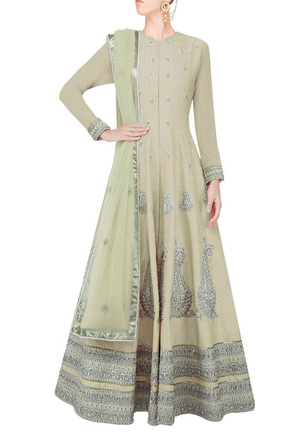 Pale olive green flared anarkali set