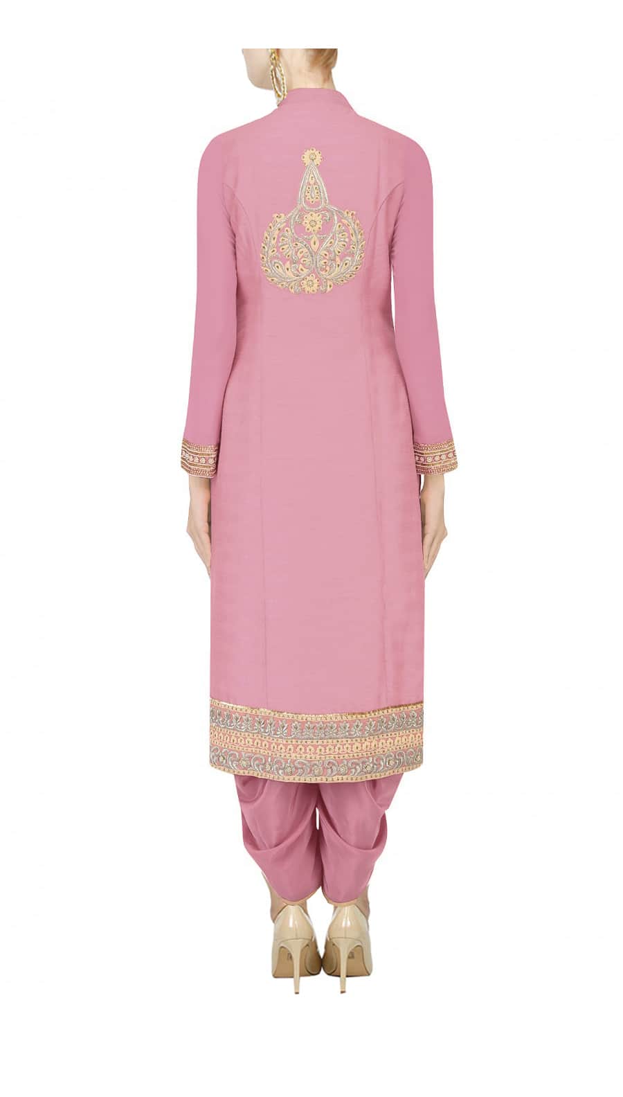 Onion pink straight kurta with dhoti pants and ivory net dupatta