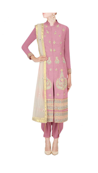 Onion pink straight kurta with dhoti pants and ivory net dupatta