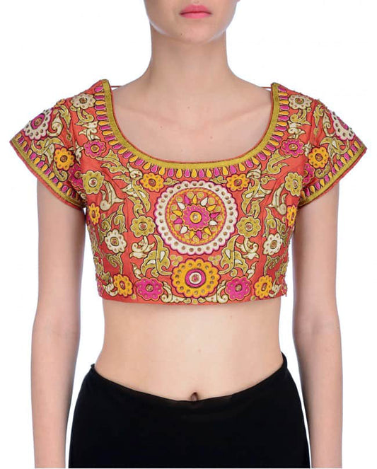 Brick red multicolor embroidered blouse