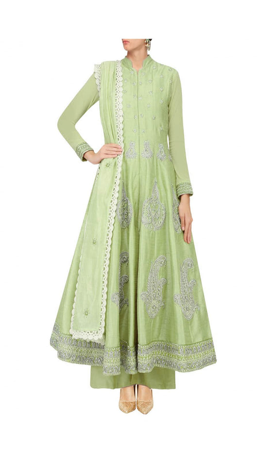 Pale green silk anarkali set