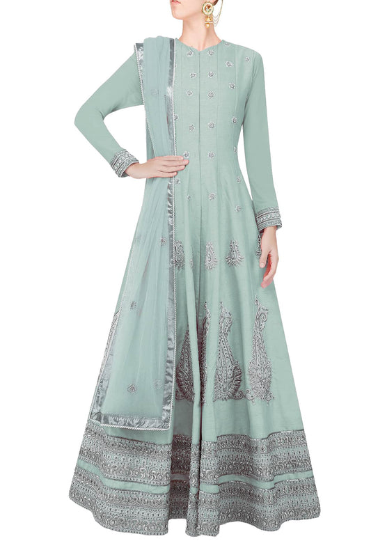 Pale slate green flared anarkali set