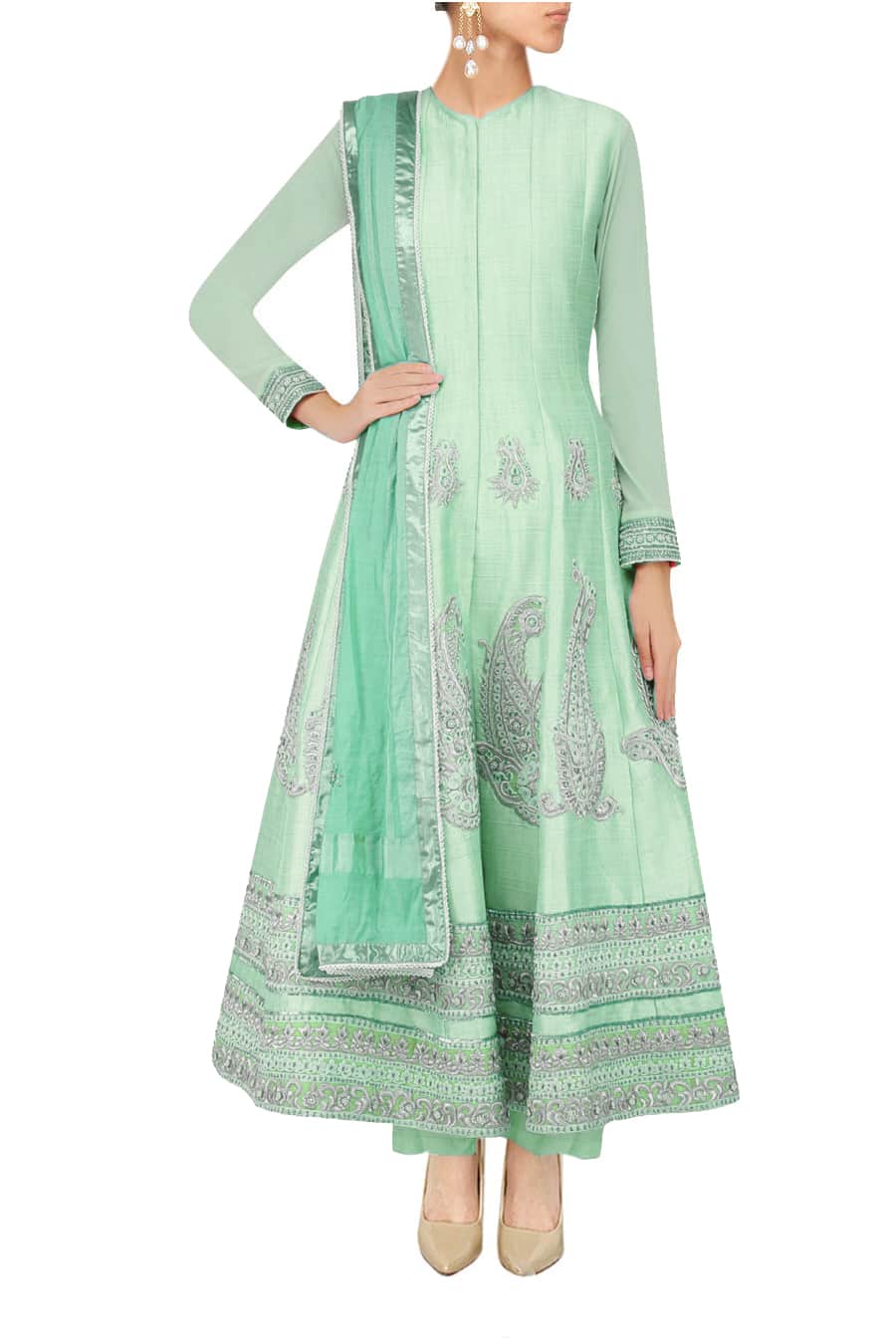 Pale green anarkali with palazoes and green dupatta in chanderi