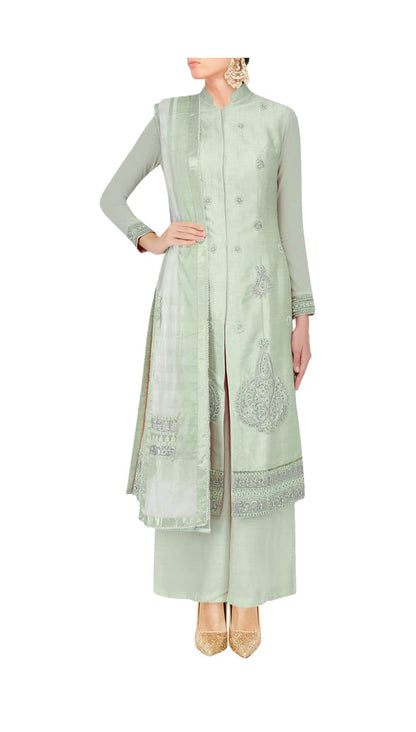 Pale pista straight kurta with palazoes and ivory chanderi dupatta