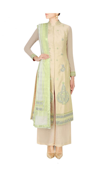 Pale yellow straight kurta with palazoes and ivory chanderi dupatta