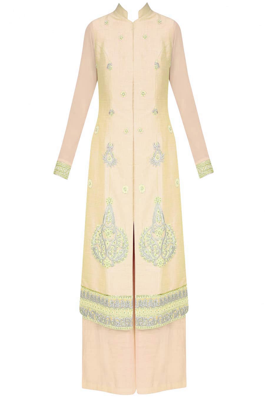 Pale yellow straight kurta with palazoes and ivory chanderi dupatta