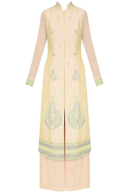 Pale yellow straight kurta with palazoes and ivory chanderi dupatta