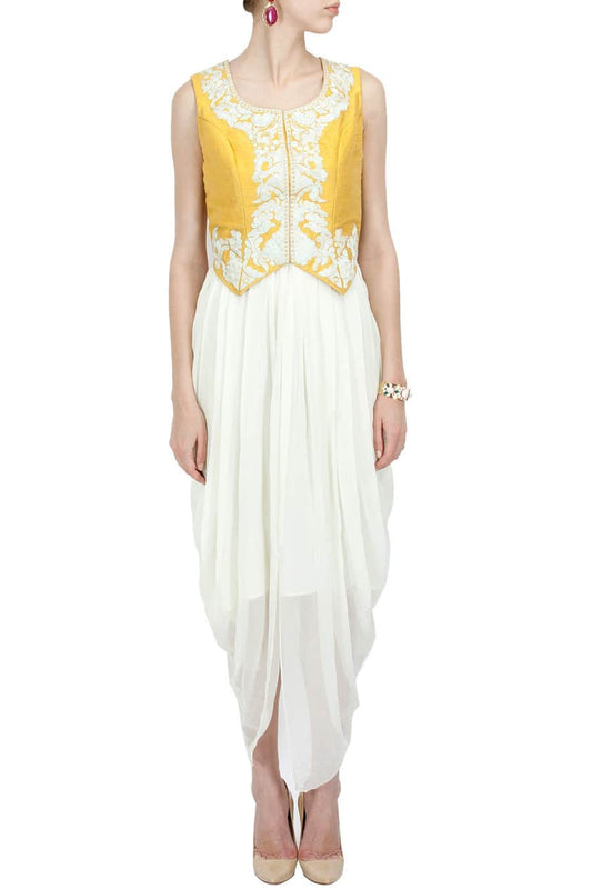 yellow waistcoat with draped dress