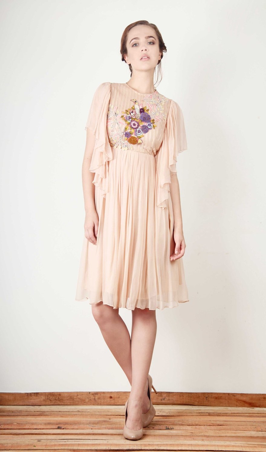 Peach Flowy Dress with fluffy sleeves