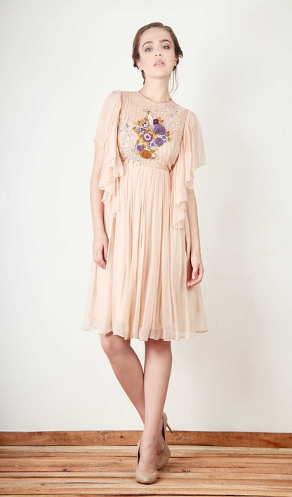 Peach Flowy Dress with fluffy sleeves