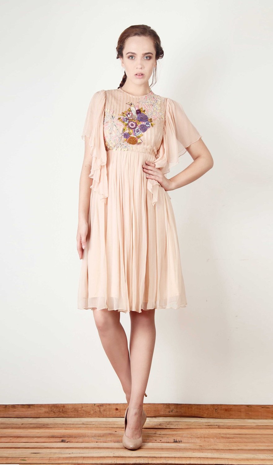 Peach Flowy Dress with fluffy sleeves