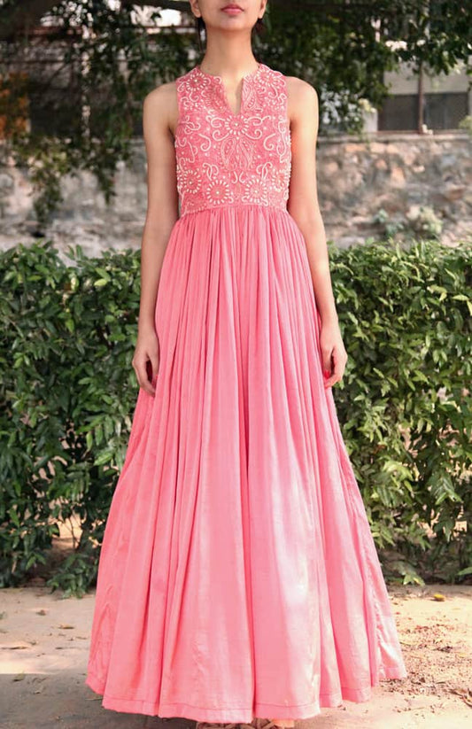 Baby Pink Long Gown with Pearl Embroidery