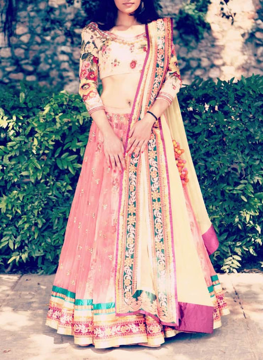 Coral Pink Floral Embroidered Lehenga