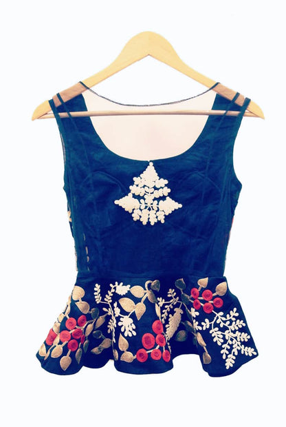 Bird Embroidered Peplum Waistcoat-Navy Blue