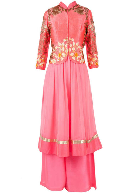 Candy pink embroidered jacket with anarkali and palazoe pants