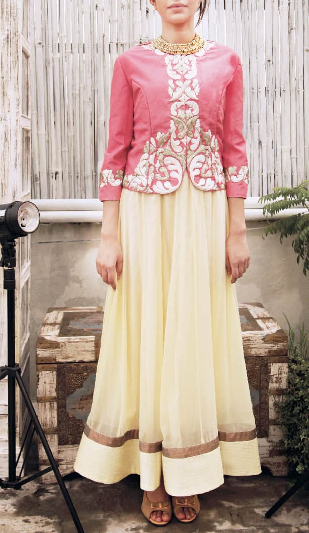 Coral pink embroidered jacket with Ivory anarkali and palazoes pants