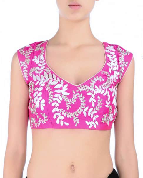 Magenta Pink embroidered blouse with leaf motifs