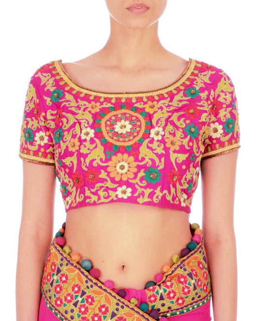Magenta pink multicolor thread embroidered blouse