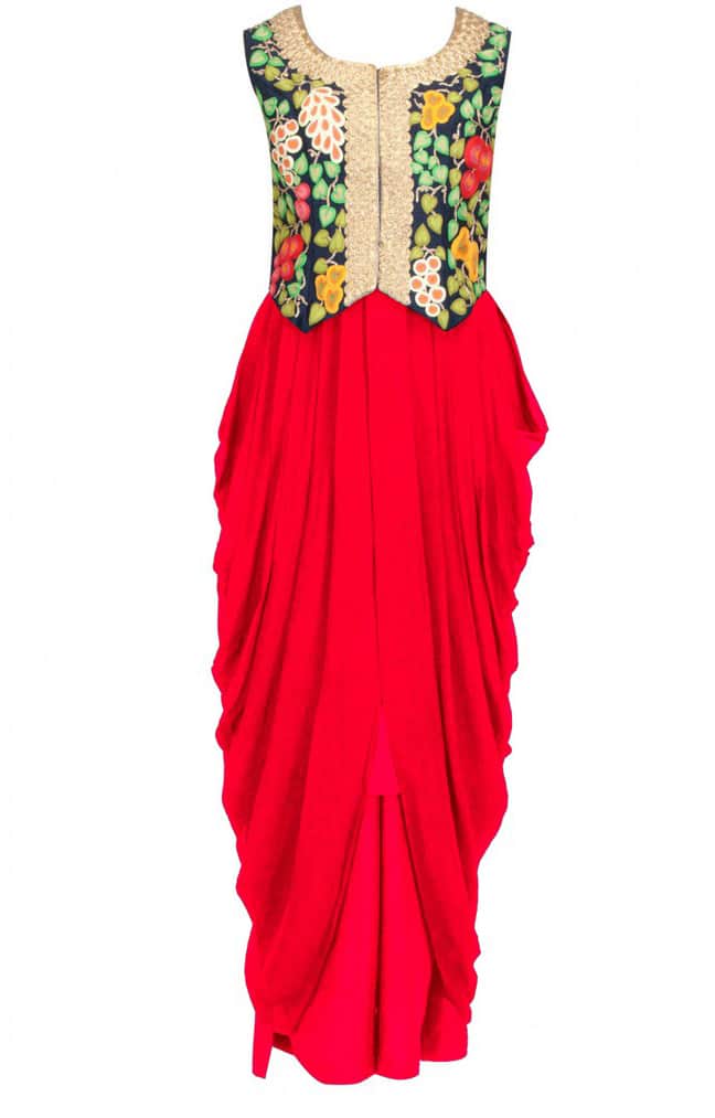 Navy blue fruit &amp; zardozi embroidered waistcoat with crimson red drape dress