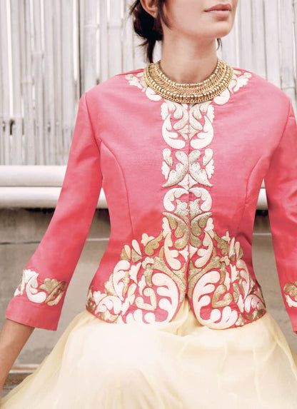 Coral pink embroidered jacket with Ivory anarkali and palazoes pants