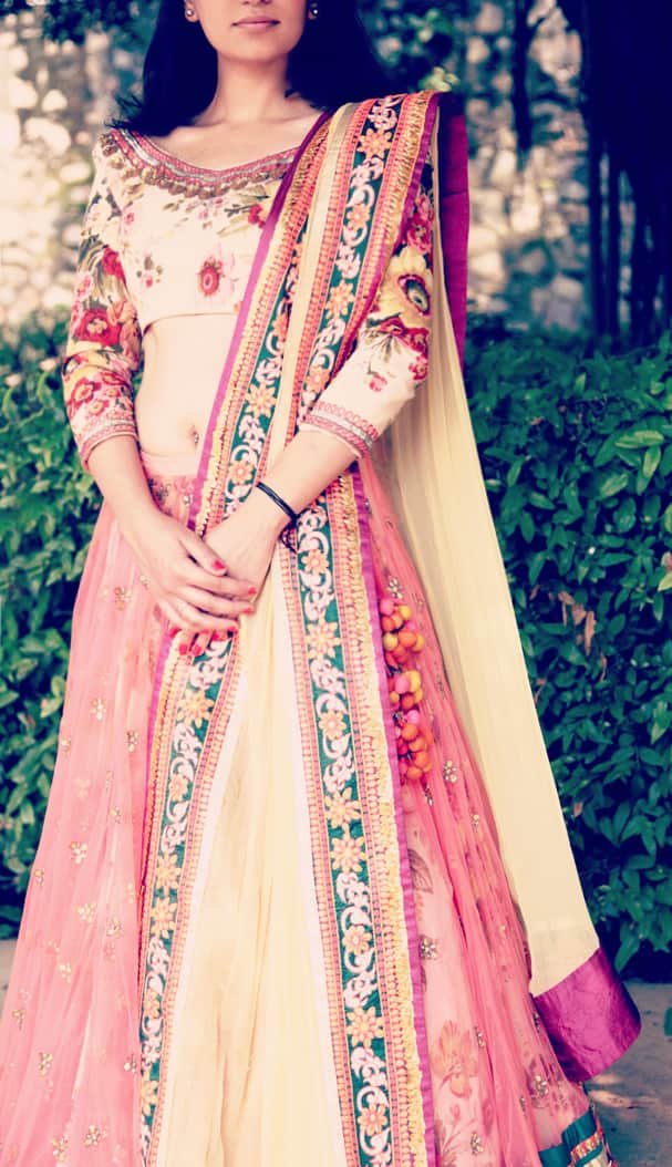 Coral Pink Floral Embroidered Lehenga