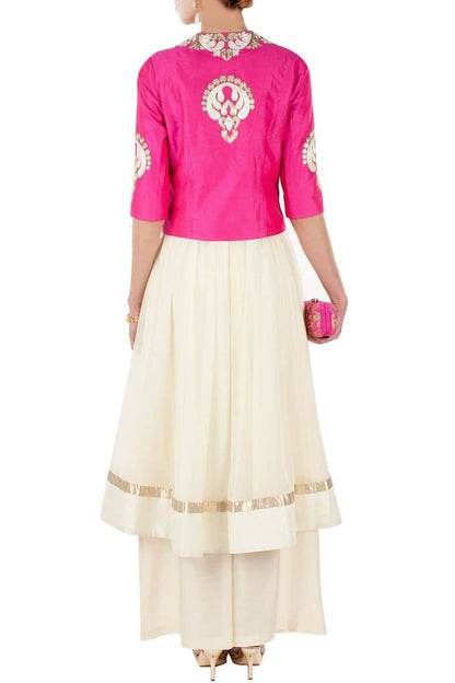 Fuschia pink embroidered jacket with ivory anarkali and palazoes pants