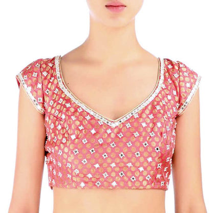 Peach mirror and pearl embroidered sari blouse