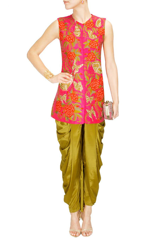 Pink Butterfly embroidered Jacket & Lime Dhoti Pants