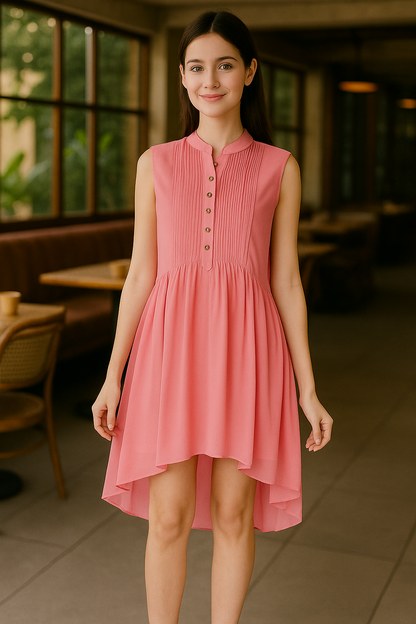 Flared coral pleated dress