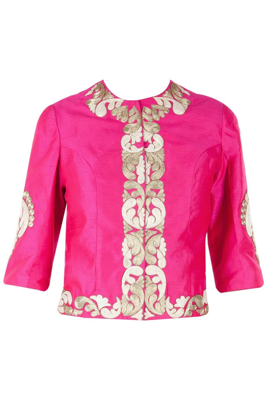 Fuschia pink embroidered jacket with ivory anarkali and palazoes pants