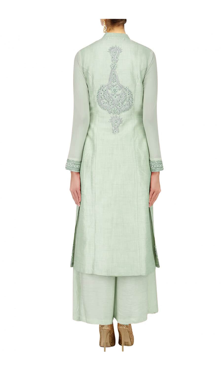 Pale pista straight kurta with palazoes and ivory chanderi dupatta