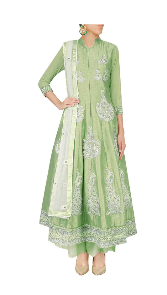 Pistachio-green anarkali with palazzo and ivory net dupatta