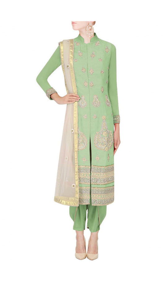 Pale green straight kurta with dhoti pants and ivory net dupatta