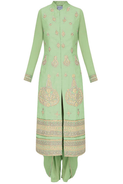 Pale green straight kurta with dhoti pants and ivory net dupatta