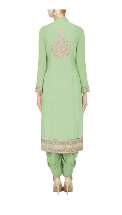 Pale green straight kurta with dhoti pants and ivory net dupatta