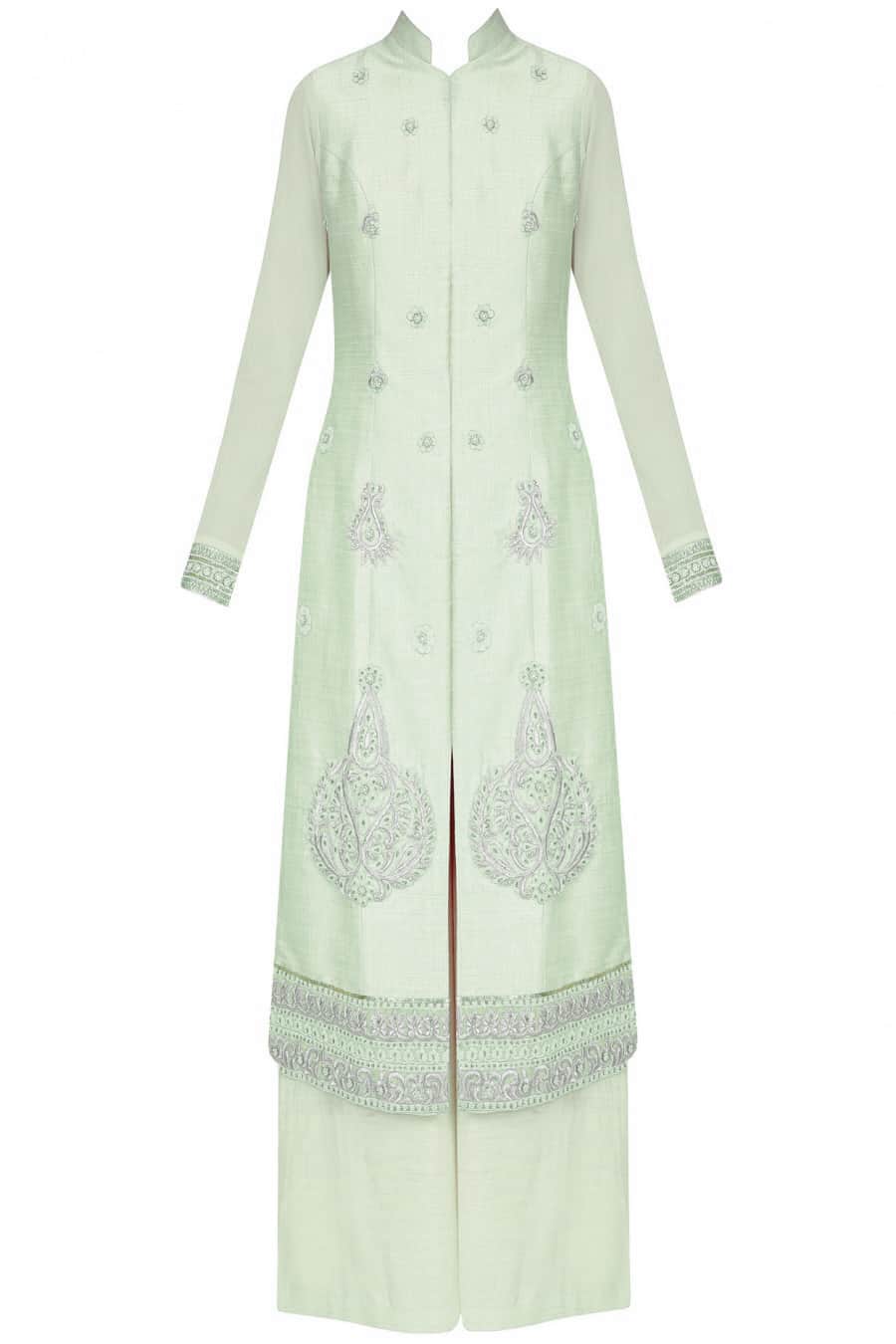 Pale pista straight kurta with palazoes and ivory chanderi dupatta