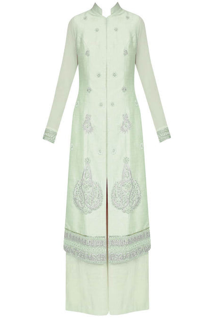 Pale pista straight kurta with palazoes and ivory chanderi dupatta