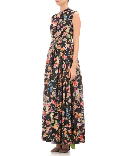 black long dress gown with floral print.