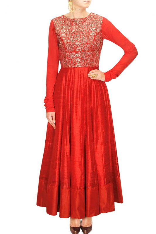 Crimson Red Long Silk Gown with Gold Embroidery