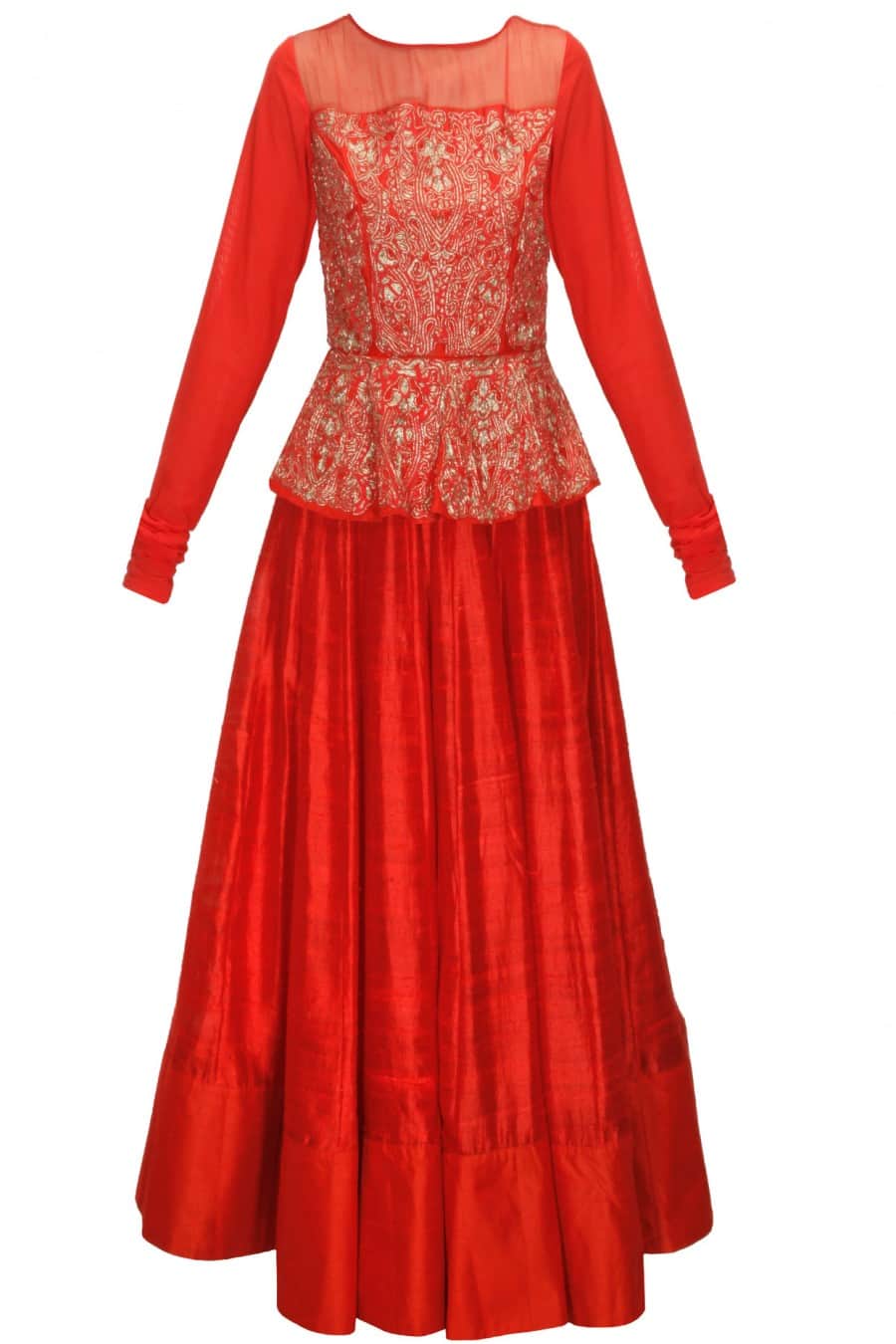 Crimson Red Peplum Long Gown with Gold Embroidery