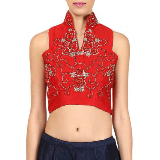 Red Collared Crop Top with embroidery