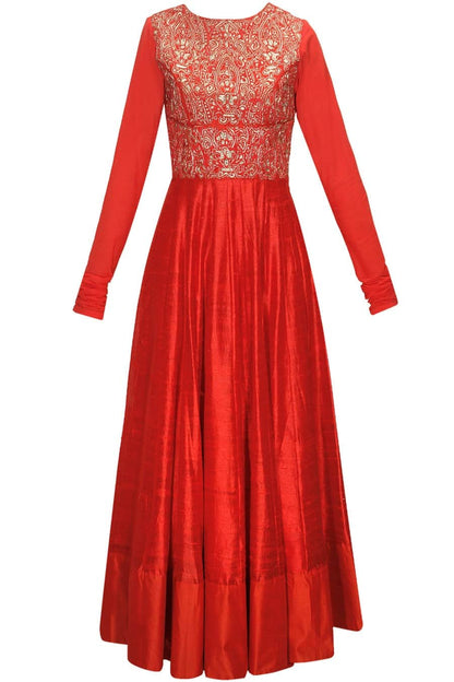 Crimson Red Long Silk Gown with Gold Embroidery