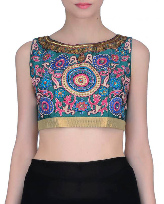 Sea green embroidered sari blouse