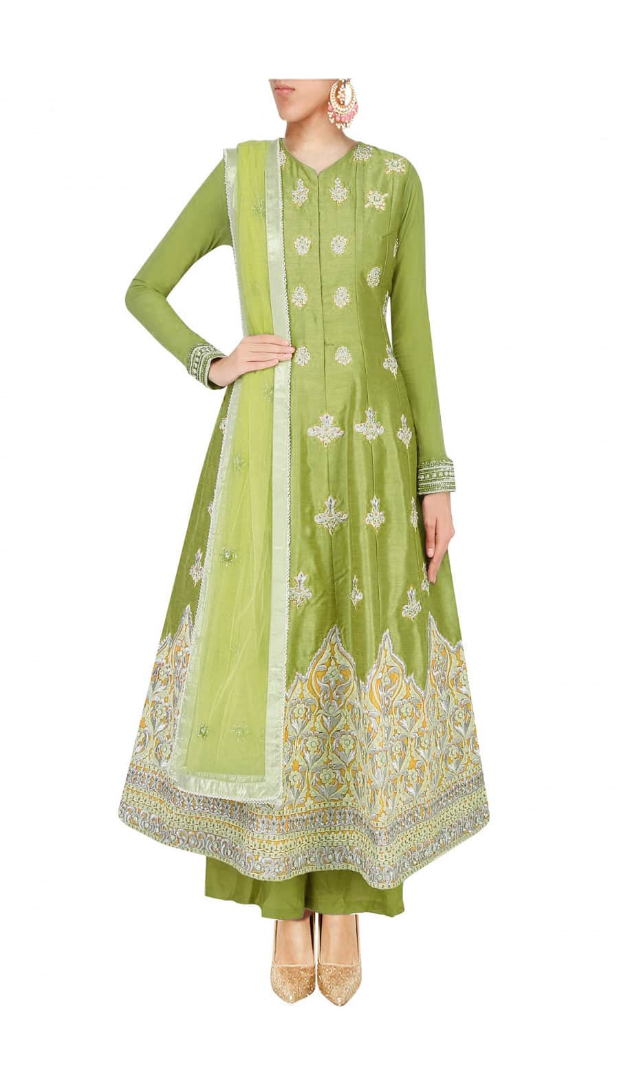 Sap Green silk anarkali with palazoes and matching net dupatta