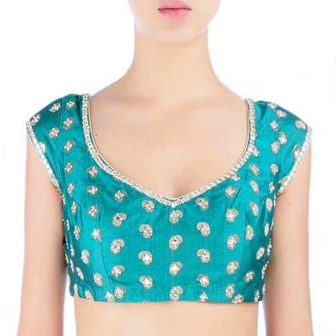 Teal mirror and pearl embroidered sari bouse