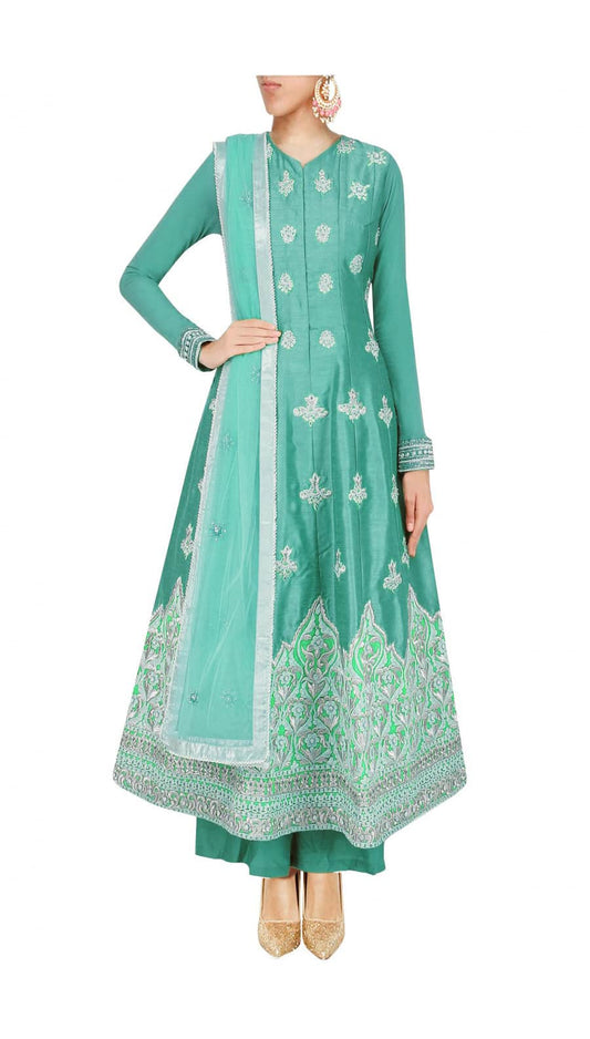 Sea Green silk anarkali with palazoes and matching net dupatta