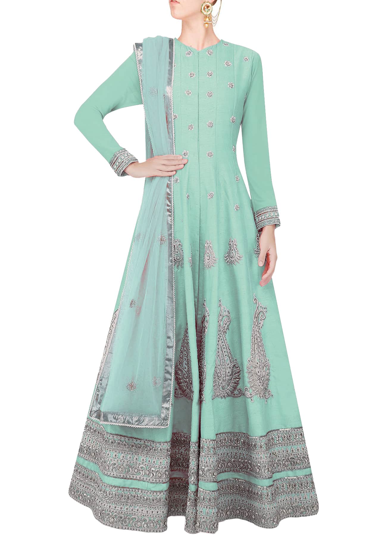 Sea green flared anarkali set