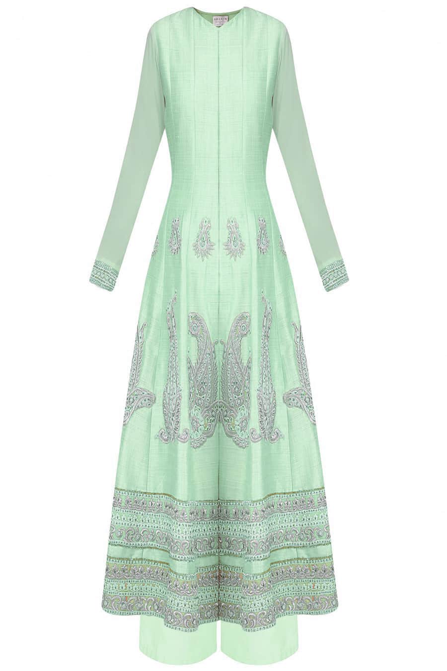 Pale green anarkali with palazoes and green dupatta in chanderi