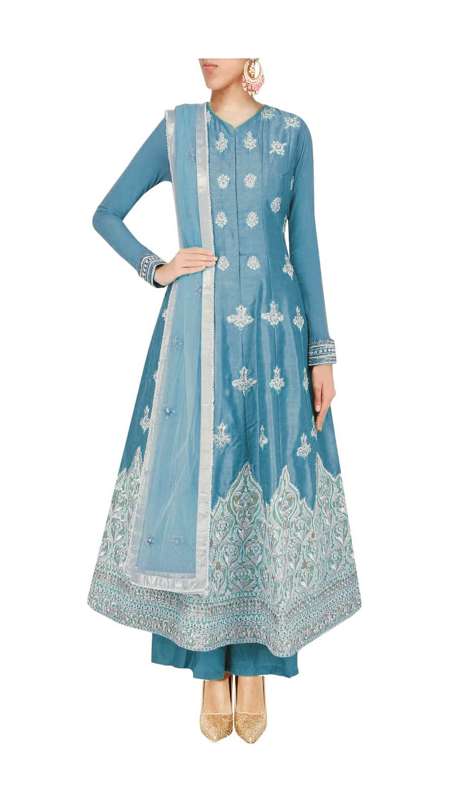 Slate blue silk anarkali with palazoes and matching net dupatta