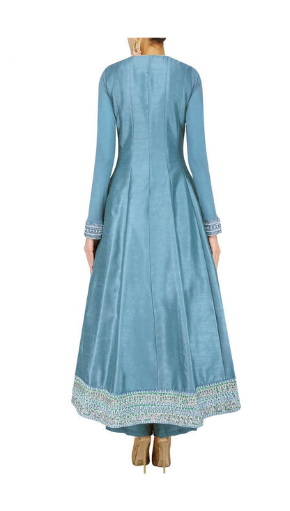 Slate blue silk anarkali with palazoes and matching net dupatta